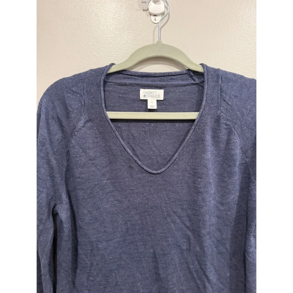 Market & Spruce Sweater Womens L Blue Linen Blend V-Neck Coastal‎ Resort